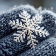 Close-up of a delicate snowflake resting on soft, blue knitted fabric. Winter wonderland vibes!
