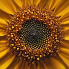 Close-up of a sunflower's center, showcasing the intricate details and warm golden hues. A mesmerizing display of nature's artistry.