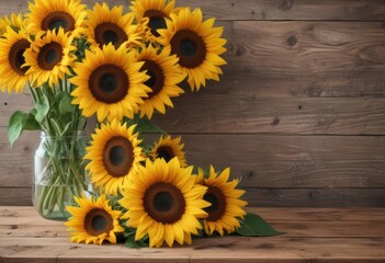 Vibrant sunflowers arranged on rustic wooden board, wood, organic, yellow
