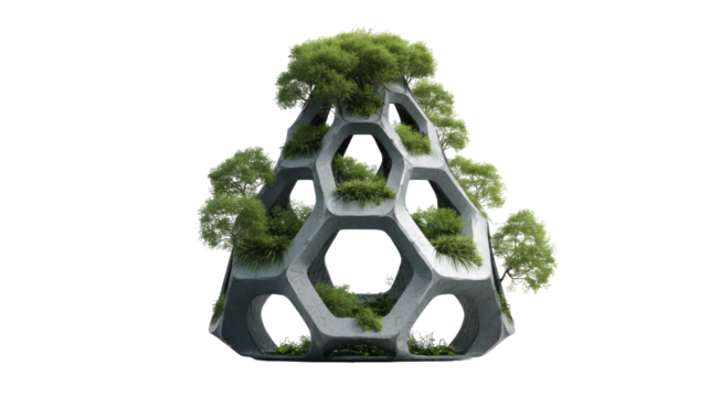 Futuristic air-purifying sculpture with embedded greenery on transparent background