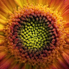 Close-up of a vibrant flower's center, showcasing intricate details and a captivating color gradient.