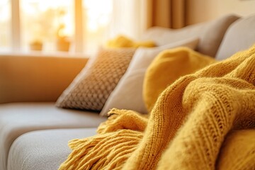 Cozy living room corner with mustard yellow throw