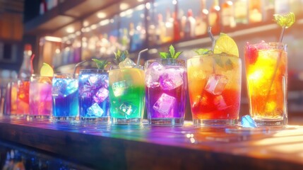 Rainbow Cocktails at a Bar: Vibrant Summer Drinks
