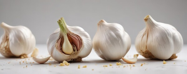 Whole garlic bulbs, unpeeled, showcasing fresh aroma, clean white backdrop ,  cloves,  plant
