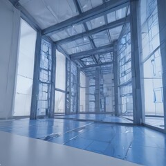 Abstract architectural blueprint with a blue photographic filter, emphasizing geometric shapes,  color,  technical