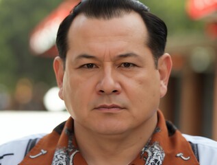 Focused Man Portrait with Brown Eyes and Patterned Shirt Outdoors