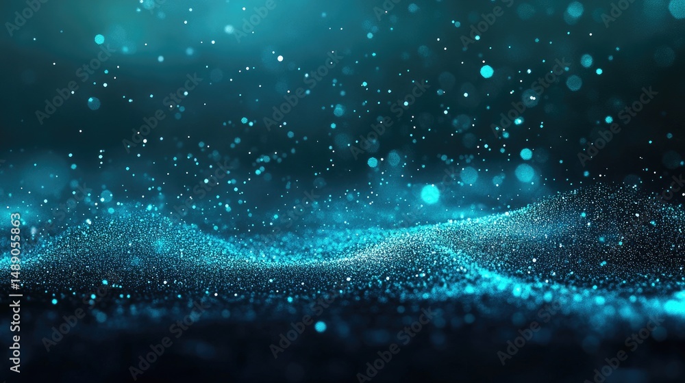 Poster abstract digital display of particles in teal and dark tones.