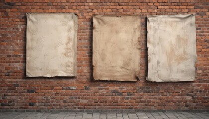 Weathered paper posters on a brick wall, showcasing various designs  Sun-bleached, torn edges add realism , decay, urban, vintage