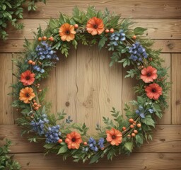 Watercolor painted wreath, wood texture, garden theme  , rustic, frame, yellow