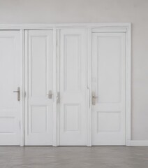 White door frames and doors, various states, bright setting ,  property,  backdrop,  entryway