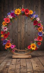 Whimsical flower carousel, vibrant blooms arranged in a circle on rustic wood ,  nature,  spring