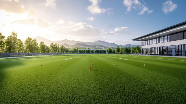 Serene Soccer Field with Lush Green Grass and Mountains Under Clear Blue Sky at Dawn