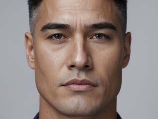Fototapeta premium Close Up Portrait of Man with Serious Expression Against Gray Background