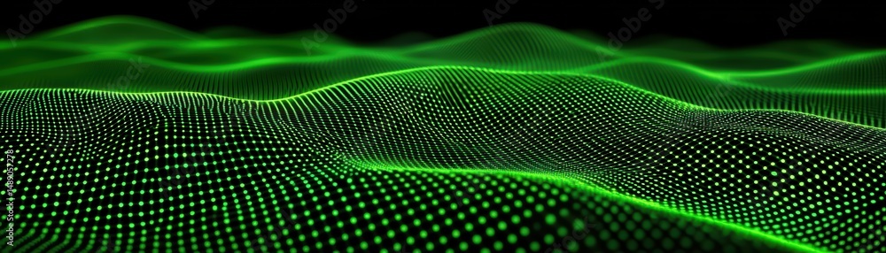 Poster abstract digital landscape with green points creating wave-like patterns on a dark background
