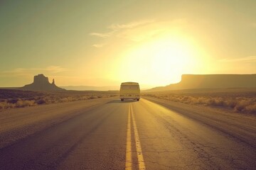 Vintage van cruising along an open highway at sunset with golden colors illuminating the desert landscape