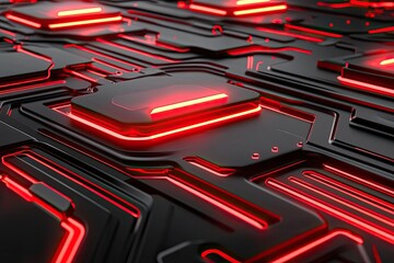 High-tech circuit board with glowing red lines