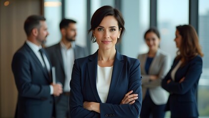 Confident woman leading her team, exuding leadership in a corporate setting, embodying authority and professionalism with her team in the background.