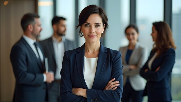 Confident woman leading her team, exuding leadership in a corporate setting, embodying authority and professionalism with her team in the background.