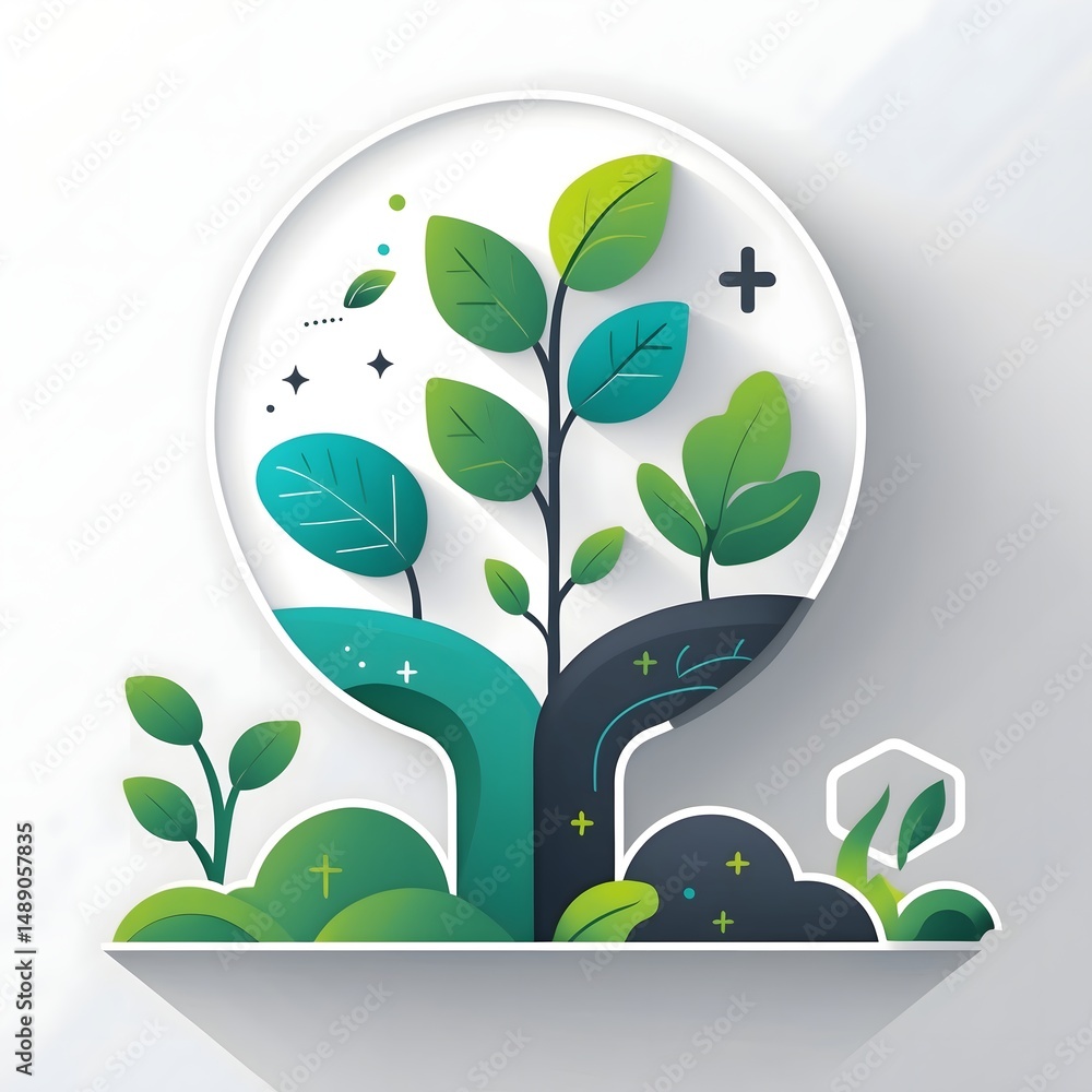 Poster A vibrant illustration of a tree with a modern, artistic style. The image features a tree with lush green leaves, set against a soft, clean background, evoking a sense of growth and renewal.