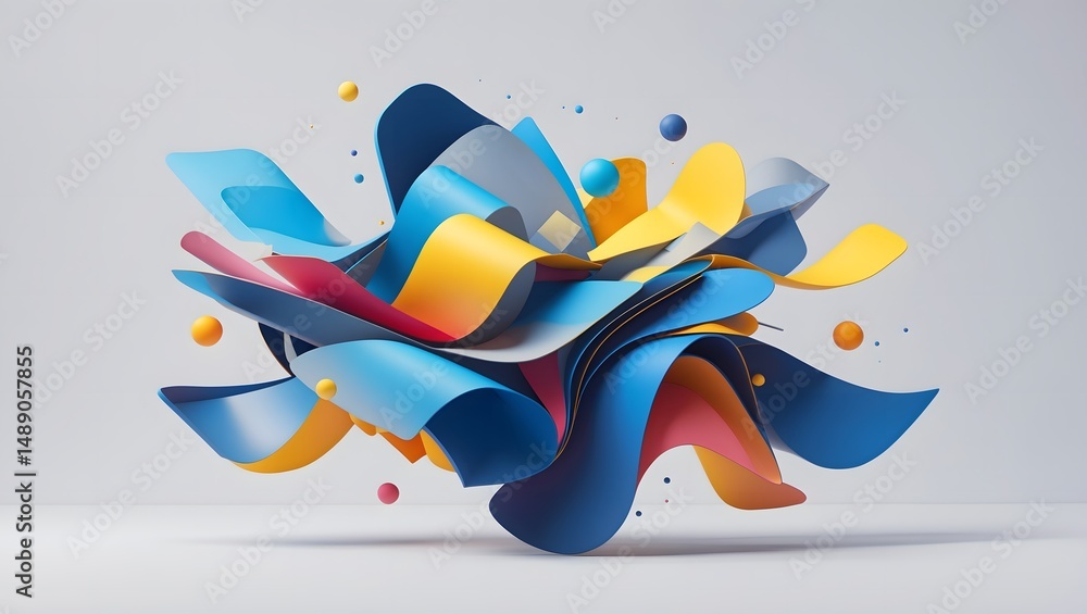 Poster A vibrant 3D abstract shape, a dynamic composition of flowing, colorful elements that dance and interact. Its intricate structure, smooth forms.