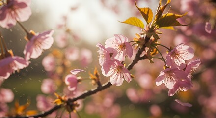 Obraz premium Vibrant Pink Cherry Blossoms Gently Swaying in Spring Breeze with Soft Light and Subtle Pollen Dusting