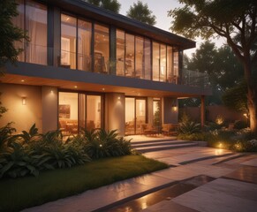 Fototapeta premium Warm interior light spills onto inviting home, landscaped grounds , lighting, brick