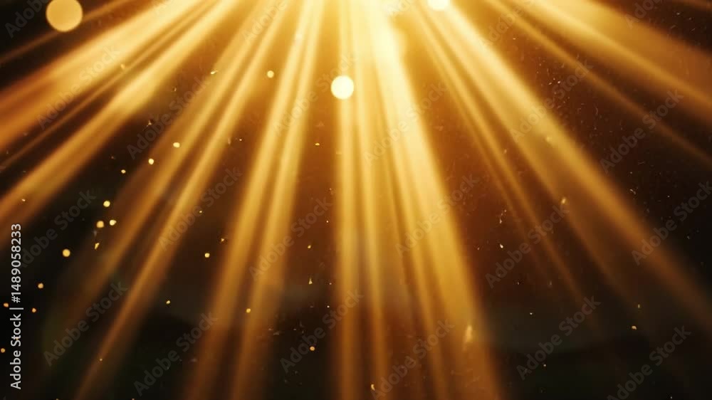 Poster golden rays of light shimmer through dark background, creating warm atmosphere filled with sparkling