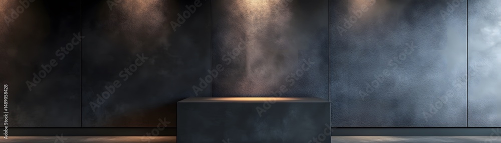 Poster minimalist empty display podium against dark textured walls.