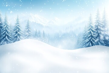 Winter landscape with snow-covered mountains and pine trees