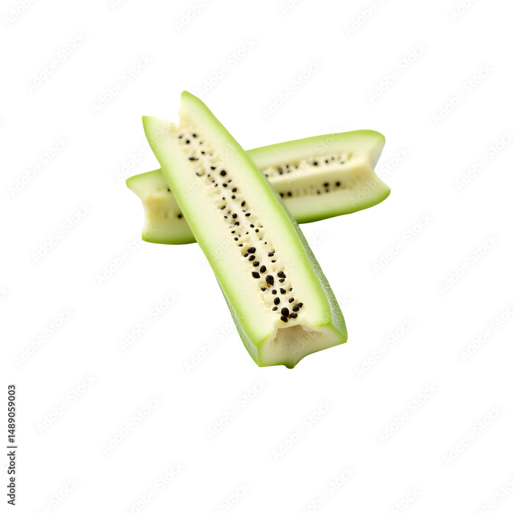 Aufkleber captivating close-up of a freshly cut okra pod split in half displaying its unique pattern and textu