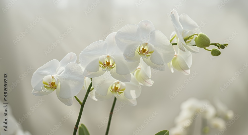 Poster cluster of pristine white orchid blossoms swaying gently in soft light highlighting delicate texture