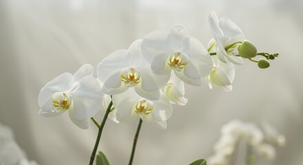 Obraz premium Cluster of Pristine White Orchid Blossoms Swaying Gently in Soft Light Highlighting Delicate Texture Symbolizing Purity and New Beginnings Ideal for backgrounds or Nature Themes