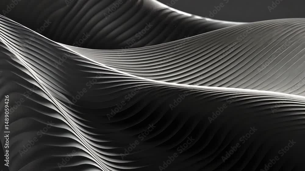 Poster close up view of textured surface with smooth, flowing waves in black, showcasing modern artistic de