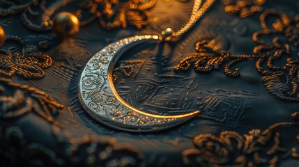 Obraz premium Crescent Moon Pendant: Embroidered Elegance & Eid Glow