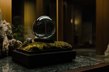Crystal ball with number one inside, on a moss-covered stand