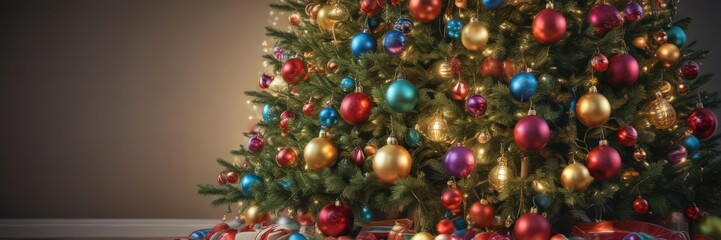 Fototapeta premium Classic Christmas tree adorned with colorful baubles, soft-focus lights , tree branches, christmas