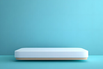 Showcase white minimalist podium pastel blue background product photography studio elevated perspective