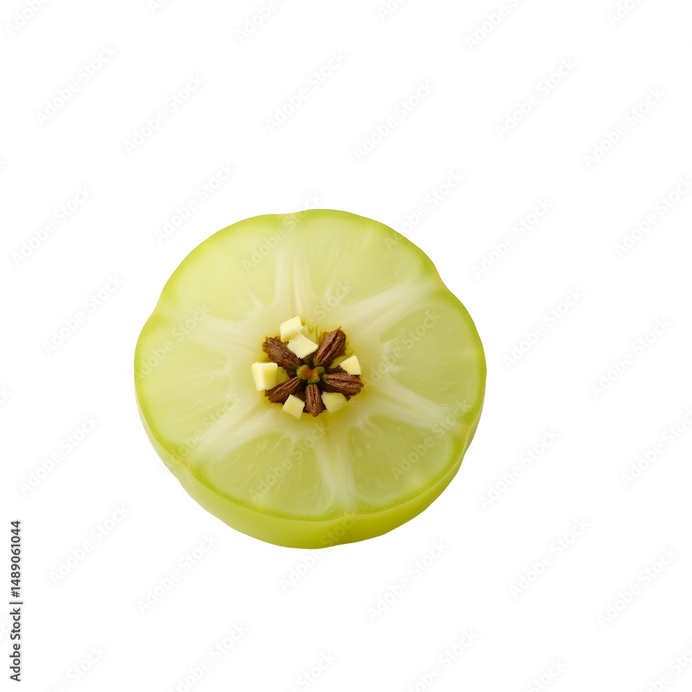 Poster captivating close-up of a vibrant green grape slice showcasing its juicy pulp and intricate interior