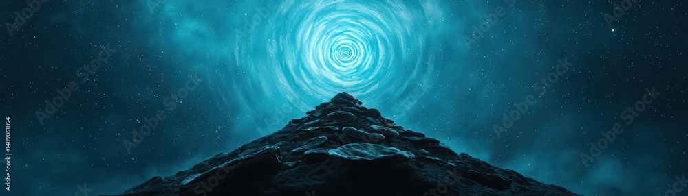 Poster mysterious spiral light above a pyramid structure under a starry night sky with ethereal clouds and 