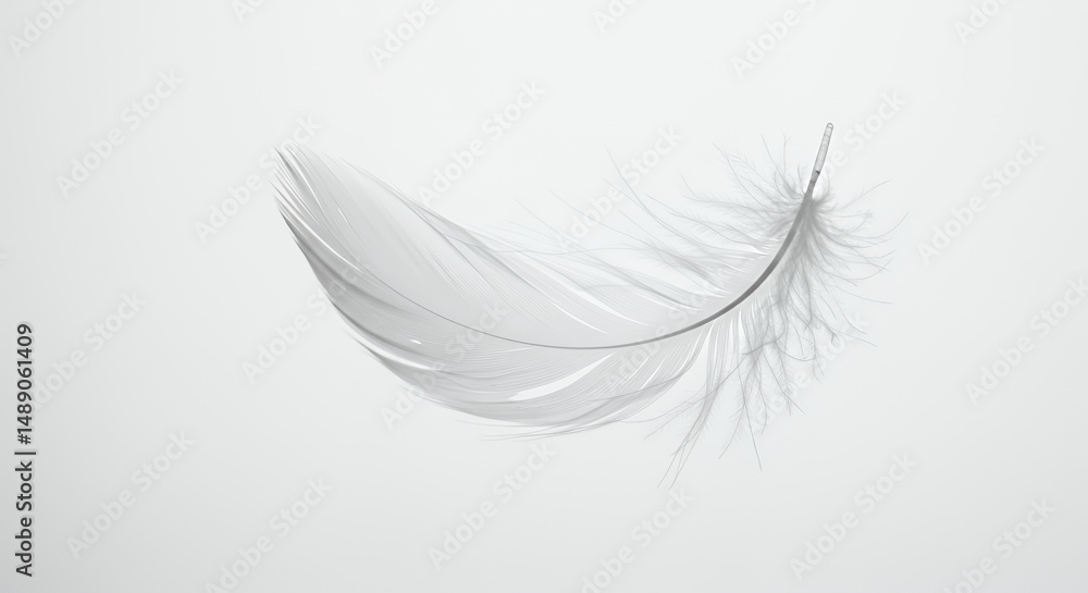 Poster single gently curved white feather subtly rotating in zero gravity with soft ethereal light against 