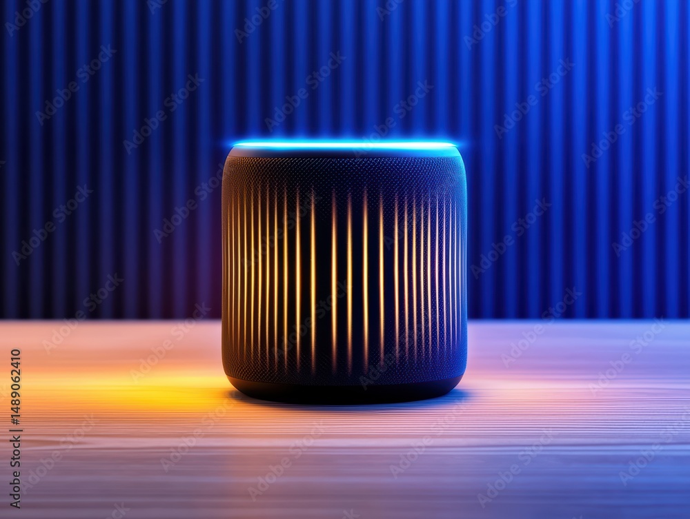 Aufkleber modern smart speaker on wooden table with soft neon lighting and minimalistic background design in v