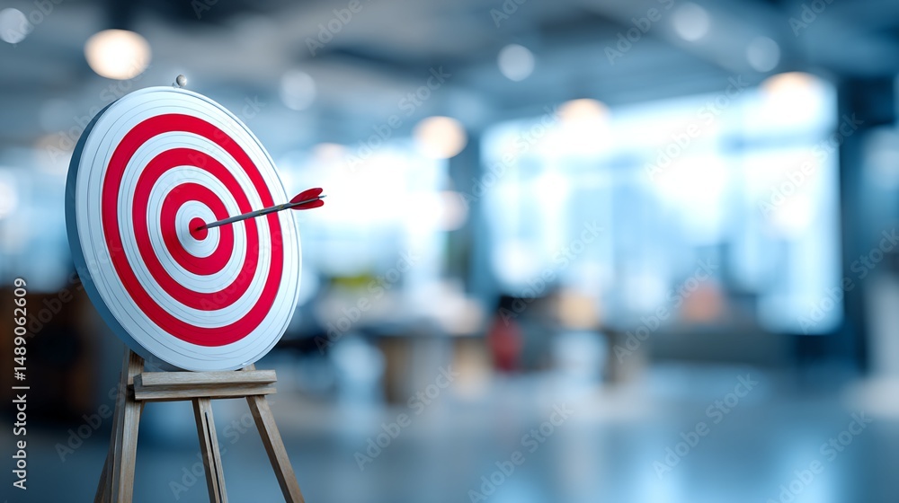 Poster dartboard with arrow in bullseye in office setting