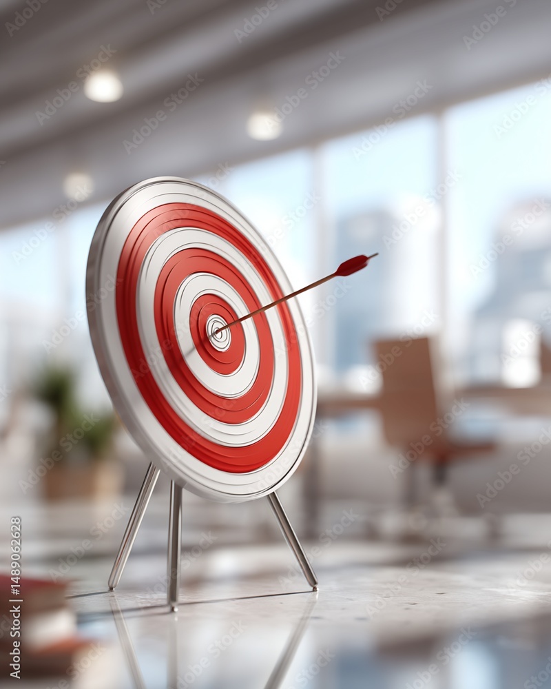 Poster dartboard with arrow in bullseye in office setting