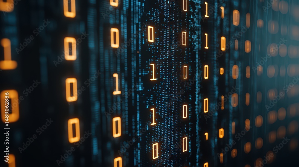 Poster abstract digital background of glowing binary code streams in blue and orange colors