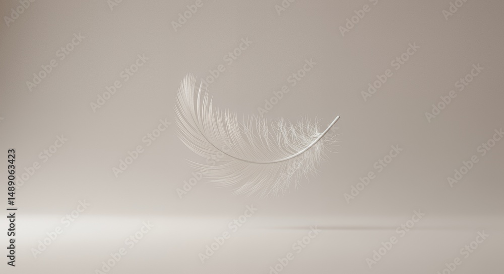 Aufkleber delicate feather floating gently in soft toned studio backdrop air currents causing swaying barbs cr