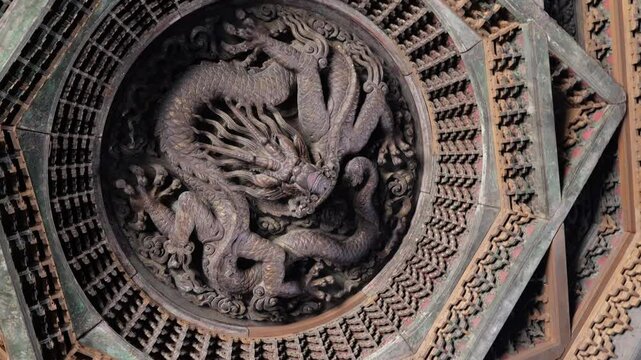 Round caisson ceiling with dragon carving in Temple of Agriculture, Beijing, China