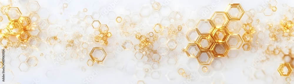 Poster abstract design of many golden hexagons on a light background.