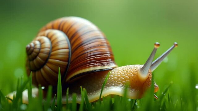 Large snail in grass with dew. Creative. Close-up of beautiful snail on background of green grass. Grape snail crawls in grass after rain