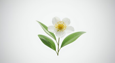 Fototapeta premium Delicate White Flower with Golden Stamens and Green Leaves on White Background