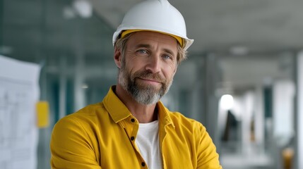 Confident middle-aged man in white helmet and yellow shirt smiles in a modern industrial office, soft light and blueprints behind him. Calm and clean scene.